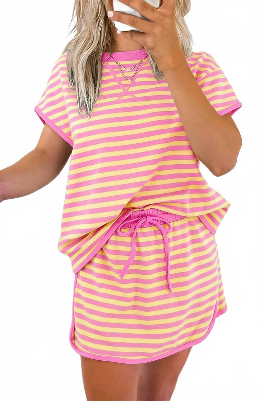 NEW SHEWIN stripe short sleeve top and skirt set in bubbegum/yellow
